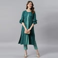 thumbnail image 1 of Janasya Indian Round Neck 3/4 Sleeve Gold Print Green Poly Crepe Kurta For Women, 1 of 7