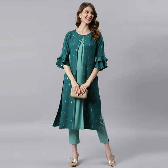 Janasya Indian Round Neck 3/4 Sleeve Gold Print Green Poly Crepe Kurta For Women