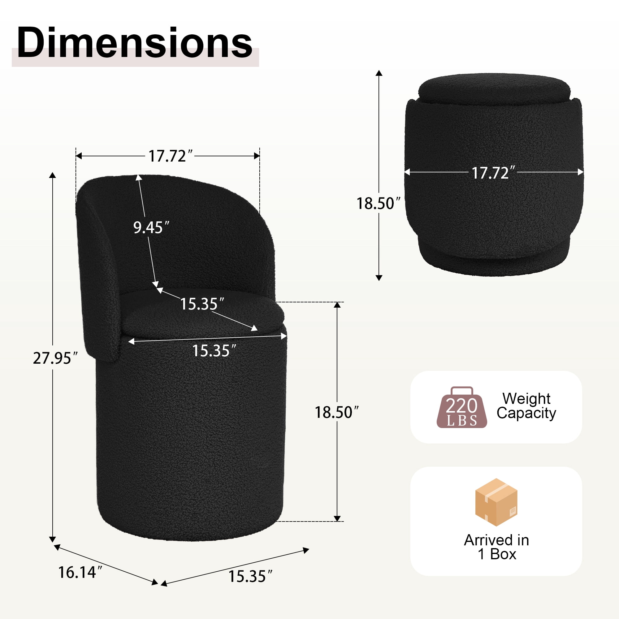 GEEYOO Modern Round Vanity Storage Stool,Sherpa Upholstered Ottoman with Foldable Backrest and Removable Lid,Comfy Makeup Stool for Bedroom Living Room,Black