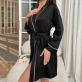 thumbnail image 2 of Women Long Sleeves Sleepwear Dress Deep V Neck Waist Belted Casual Satin Nightwear Pajamas Black XL, 2 of 4