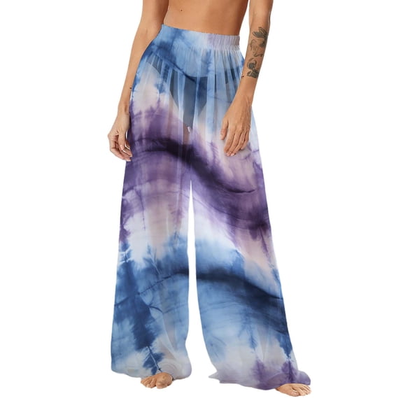 OGLCCG Women's Cover Up Pants See Through Sheer Mesh Chiffon Beach Pants Wide Leg Boho Palazzo Pant Bikini Bottom Cover-Ups,M