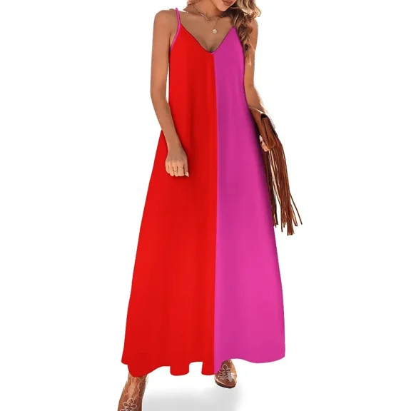 Colour blocking red and pink Sleeveless Dress dress summer02 women Long dress woman luxury woman evening