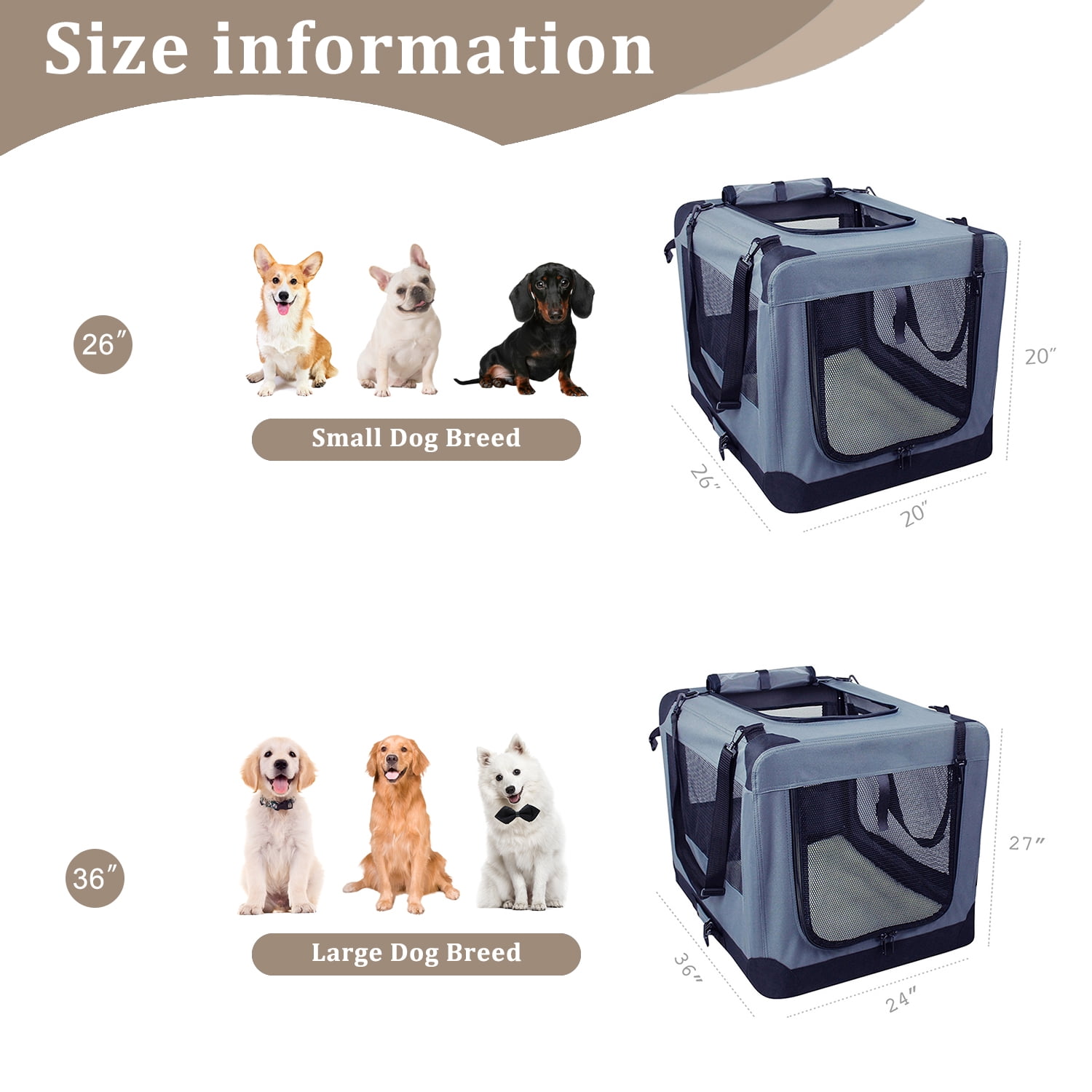 ZAKAPAWS Collapsible Soft Dog Crate, Portable 3 Door Dog Kennel, Travel Pet Crate Carrier for Indoor and Outdoor (26" L x 20" W x 20" H, Grey)