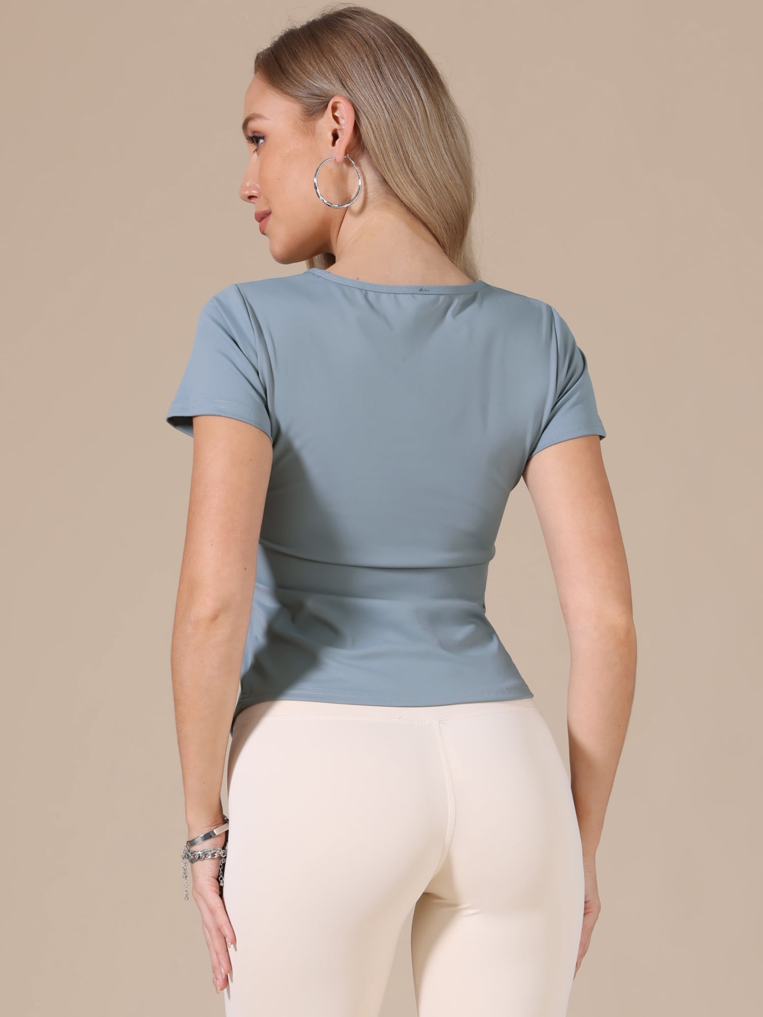 DARING DIVA Women's Elastic Workout Tops Short Sleeve Running Gym Shirts L Gray Blue