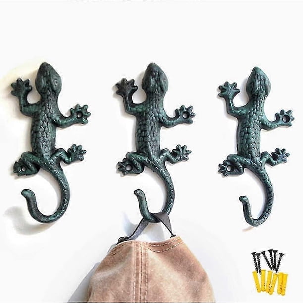 XIYUAN Gecko Wall Hooks 3Pcs for Hanging Rustic Iron Coat Hooks Gecko Hook Wall Mounted Towel Hooks 6inch Heavy Duty Cast Iron Key Holder Wall Decor