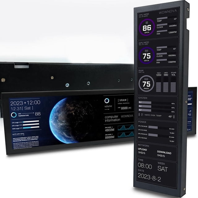8.8inch Computer Temp Monitor (Dynamic Theme Supported), IPS Type C Secondary Screen CPU RAM HDD Data FPS Monitor Black,1x Computer Temp Monitor Kit,Black