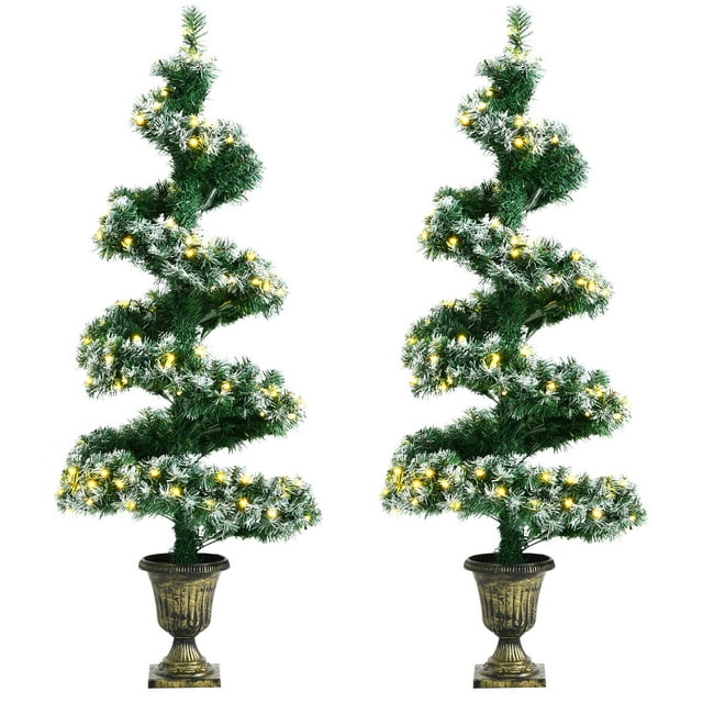 Patiojoy 2PCS Pre-Lit Topiary Artificial Entrance Tree 4FT Spiral PVC Festival Tree W/ 364 PVC Tips