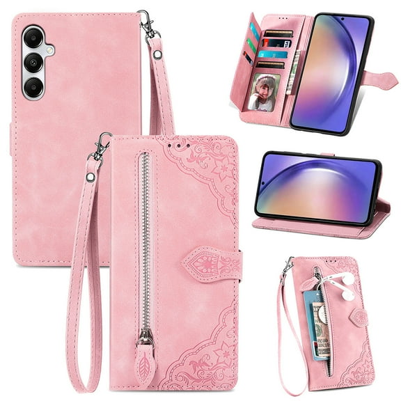 SYITOOCK Phone Case for Samsung Galaxy A55 5G, Shockproof PU Leather Wallet Case with Card Slots Anti-Scratch Stand Magnetic Flip Zipper Pocket Cover for Samsung Galaxy A55 5G, Pink