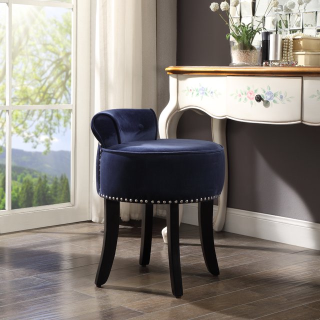 Inspired Home Bardot Velvet Vanity Stool Nailhead Trim Roll Back Bedroom, Navy