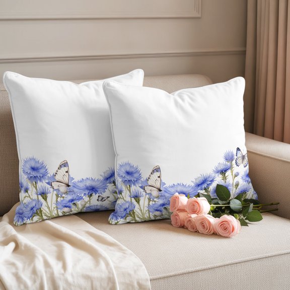 Outdoor Throw Pillow Covers,Romantic Blue Cornflower with Butterfly Waterproof Decorative Pillowcases Cushion Cover Watercolor Floral Field Pillow Cases for Patio Couch Sofa Bed,18x18in Set of 2