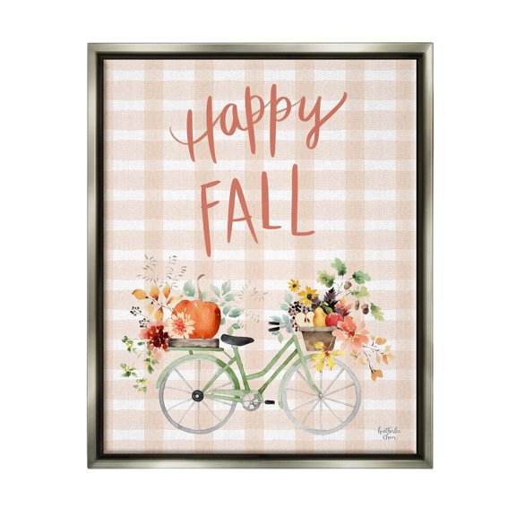 Stupell Industries Happy Fall Plaid Seasonal Flowers Blooming Bicycle Graphic Art Luster Gray Floating Framed Canvas Print Wall Art, Design by Heatherlee Chan