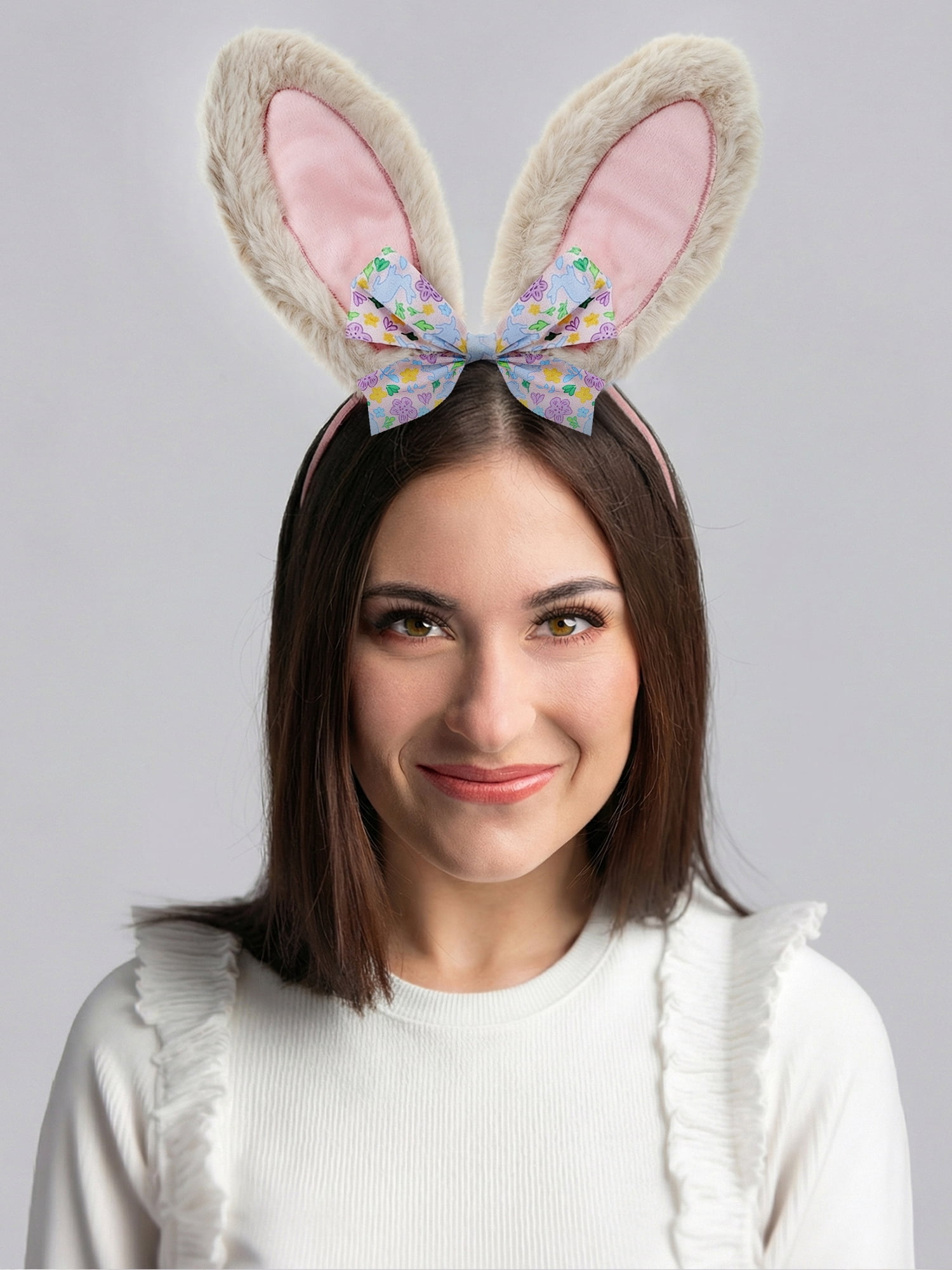 Way to Celebrate Easter Plush Tan Bunny Ear Headband with Fabric Bow, 1 Piece