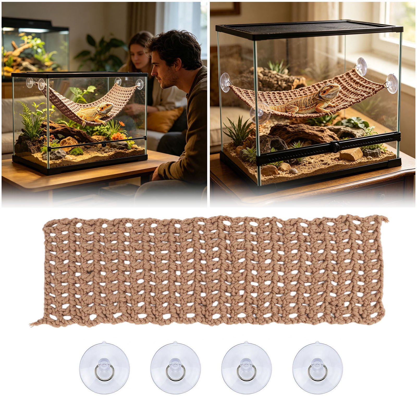 Reptile Basking Hammock Handmade Anti-Snag Hanging Bed with Strong Suction Cup for Bearded Dragon Gecko Hermit Crab Terrarium Habitat