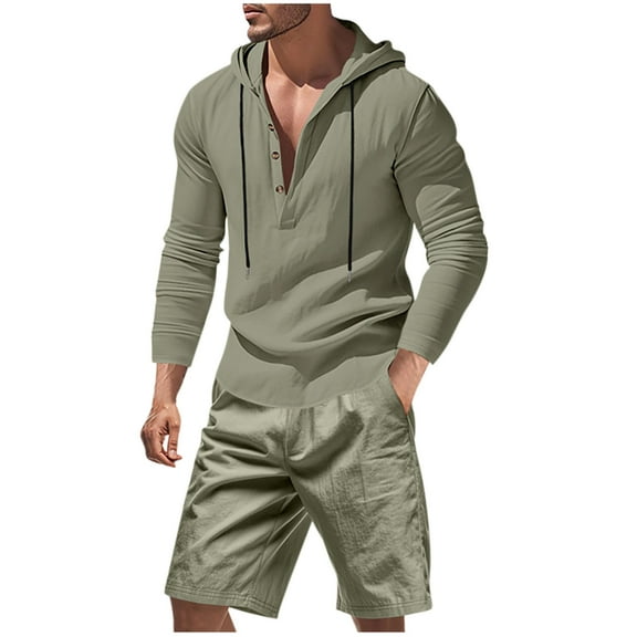 Ahabrexf Jackets for Men, Summer Solid Color Casual Long Sleeve Hooded Shorts Pocket Set