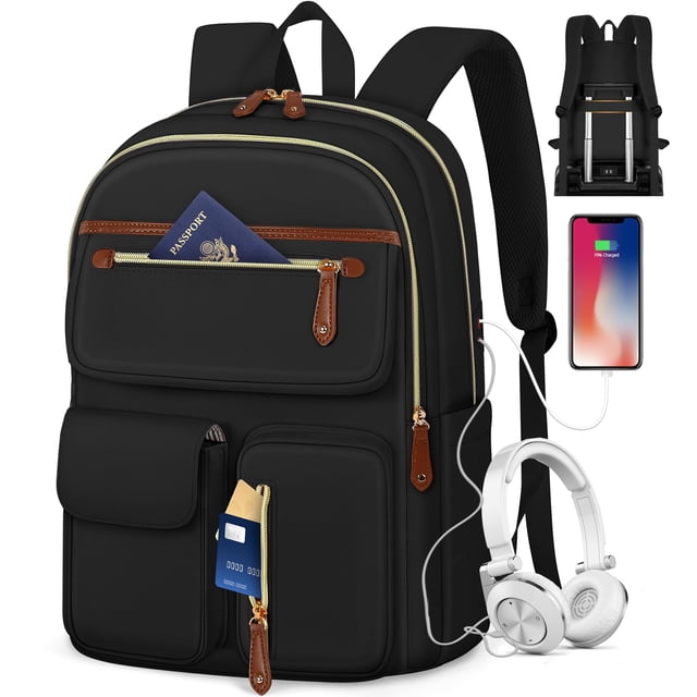 RAINSMORE Mochilas para Mujer Laptop, Mochila de Viaje 15.6 Pulgadas Impermeable Mochila para Laptop Grande con Puerto USB y Audífonos Bolsa para Laptop para Trabajo, Casual, Universidad y