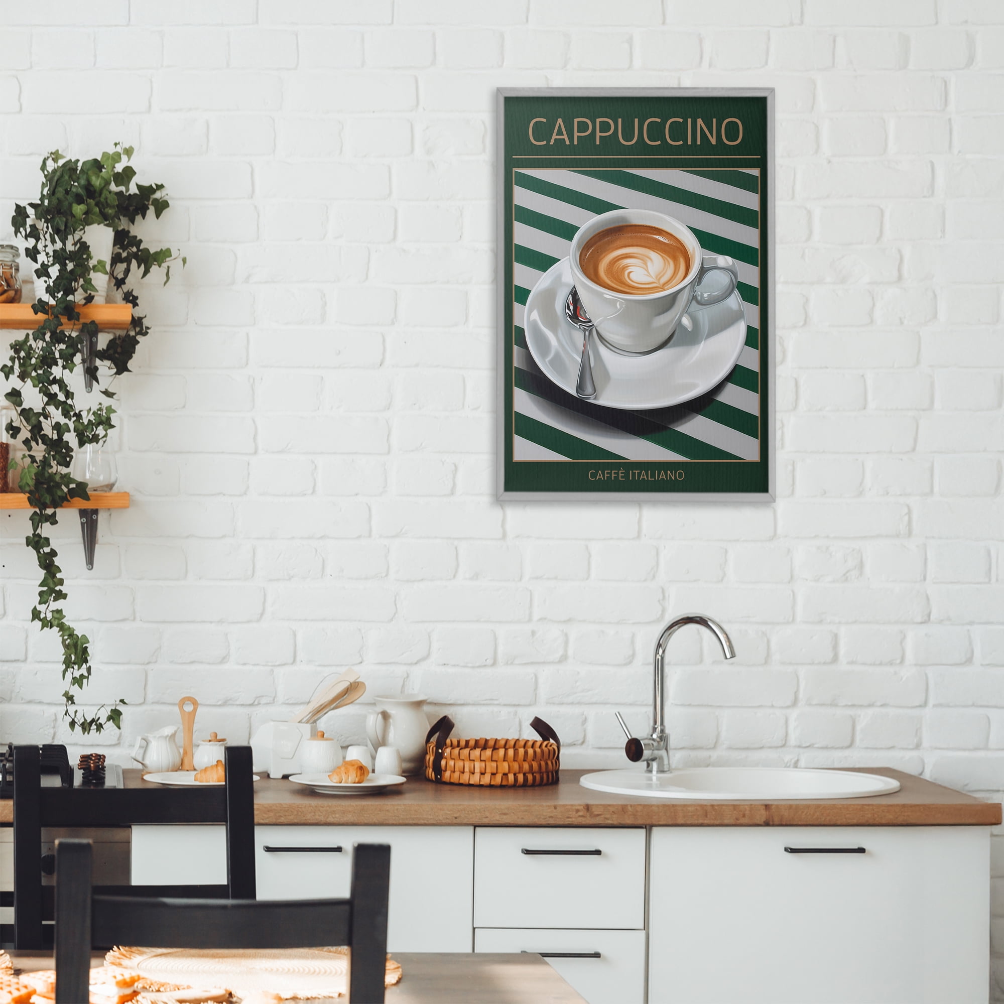 Stupell Industries Cappuccino Coffee over Stripes Gray Framed Giclee Art, design by Andreas Magnusson