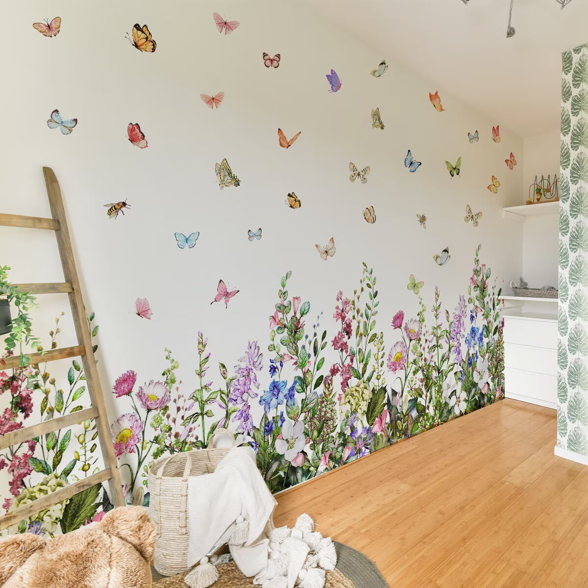 Large Plant Grass Wall Corner Stickers Flower wall stickers Flowers with Butterflies Base Board Skirting Line Wall Decals for Bedroom Living Room Staircase Kitchen