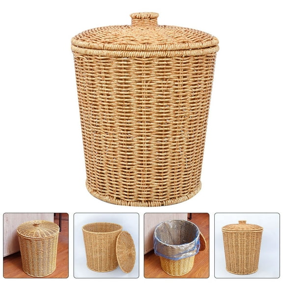 Masteelf Small Wicker Trash Can with Lid Imitation Woven Waste Basket for Bathroom Office Bedroom Stylish Garbage Bin with Lid Trash Can for Home and Kitchen