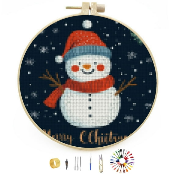 Merry Christmas Winter Snowman DIY Stamped Cross Stitch Kits Easy for Beginners with Hoop 11CT Counted Embroidery Needlepoint Crafts Arts for Handmade Enthusiasts and Home Decor 30x30cm(19)