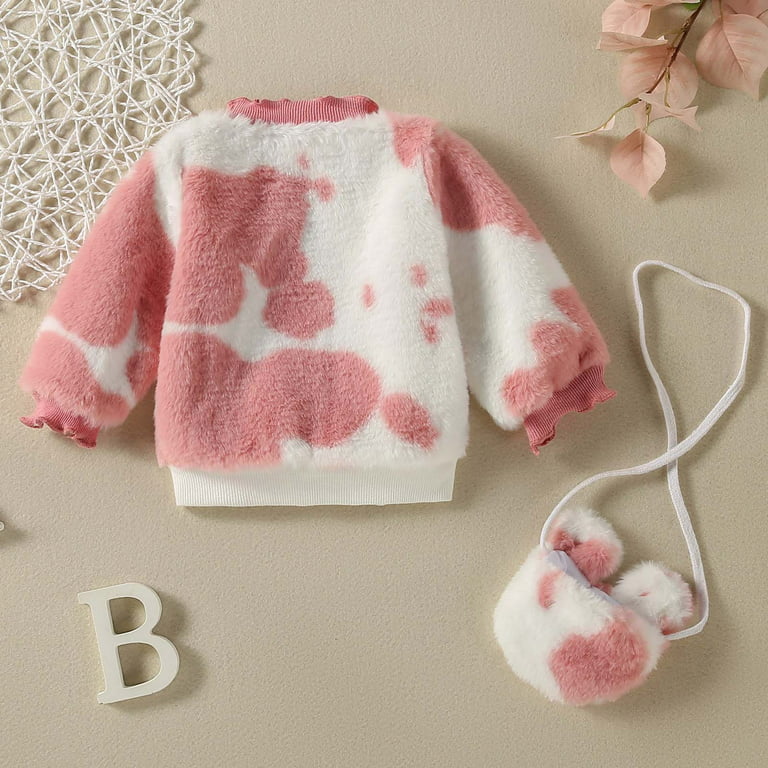 Herrnalise Toddler Baby Girl Fuzzy Sweater Kids Fur Long Sleeve Cow Print  Pullover Tops Coat with Bag Fall Winter Warm Clothes clearance under 10 ! 