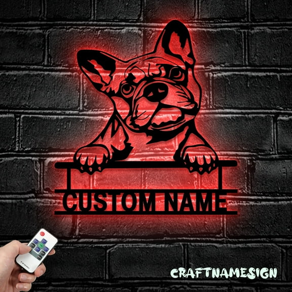 Craftnamesign Custom French Bulldog Metal Wall Art LED Light, Frenchie Memorial Dog Name Sign