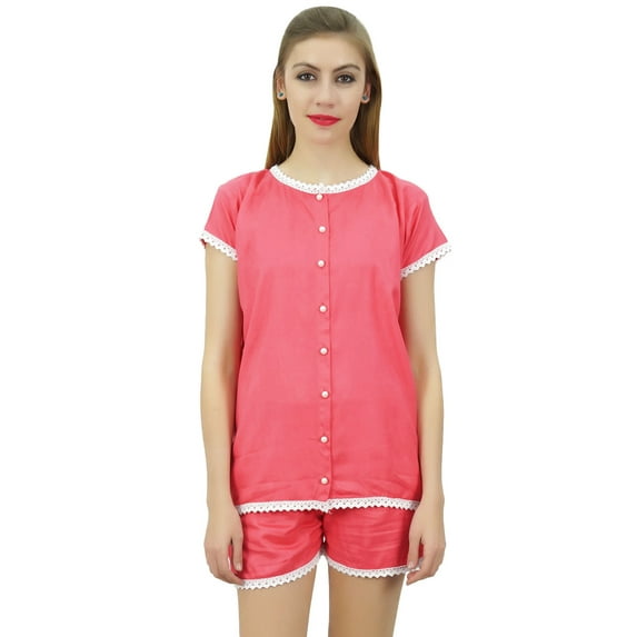 Bimba Womens Peach Buttondown Lace Pj Set Rayon Night Shirt Shorts Set Dress-4