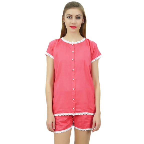 Bimba Womens Peach Buttondown Lace Pj Set Rayon Night Shirt Shorts Set Dress-4