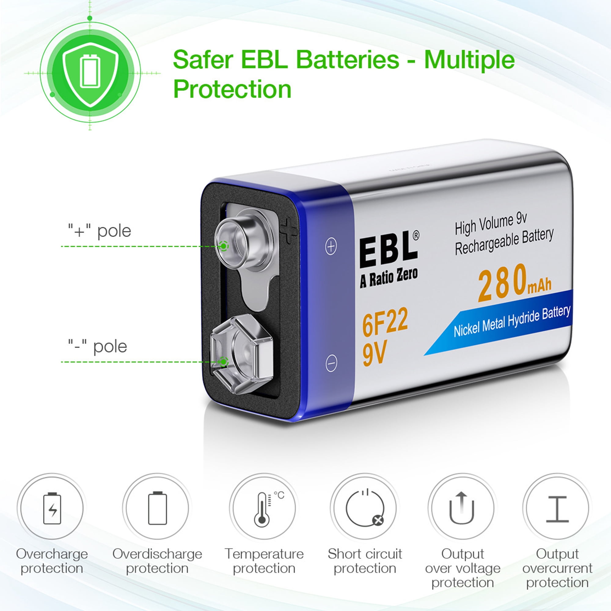 EBL 9V Rechargeable Batteries NiMH 280mAh 9 Volt Battery  10Packs