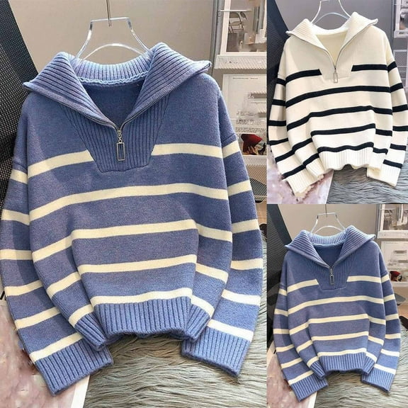 Aboser Womens Quarter Zip Pullover Sweaters Fashion Striped Uniform Sweater Comfy Cable Knit Blouses Loose Long Sleeve Knitwear Soft Lapel Collar Y2k Jumper Tops White L