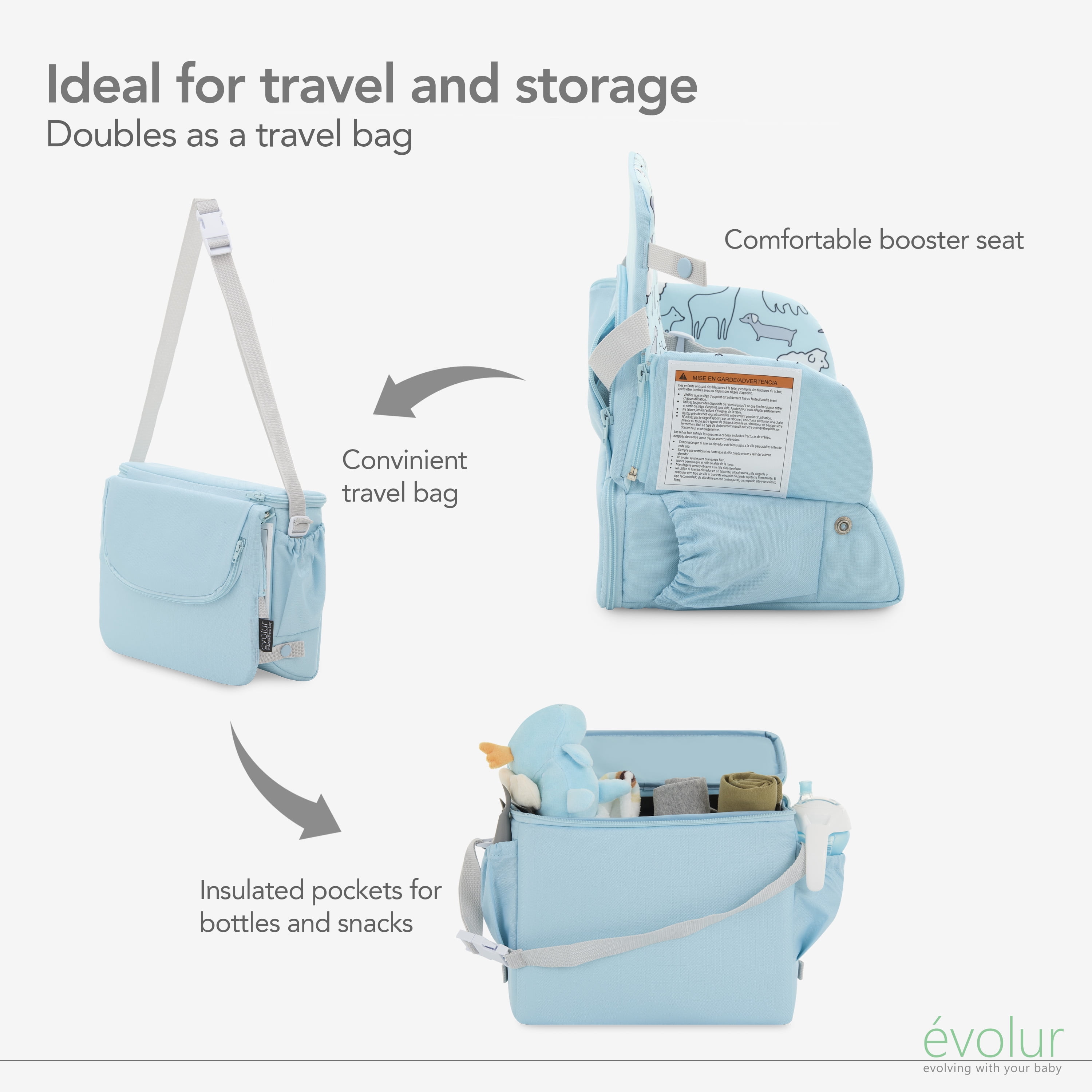 Evolur Snug Packsack 2-in-1 Portable Booster Seat and Travel Bag, Sky Blue