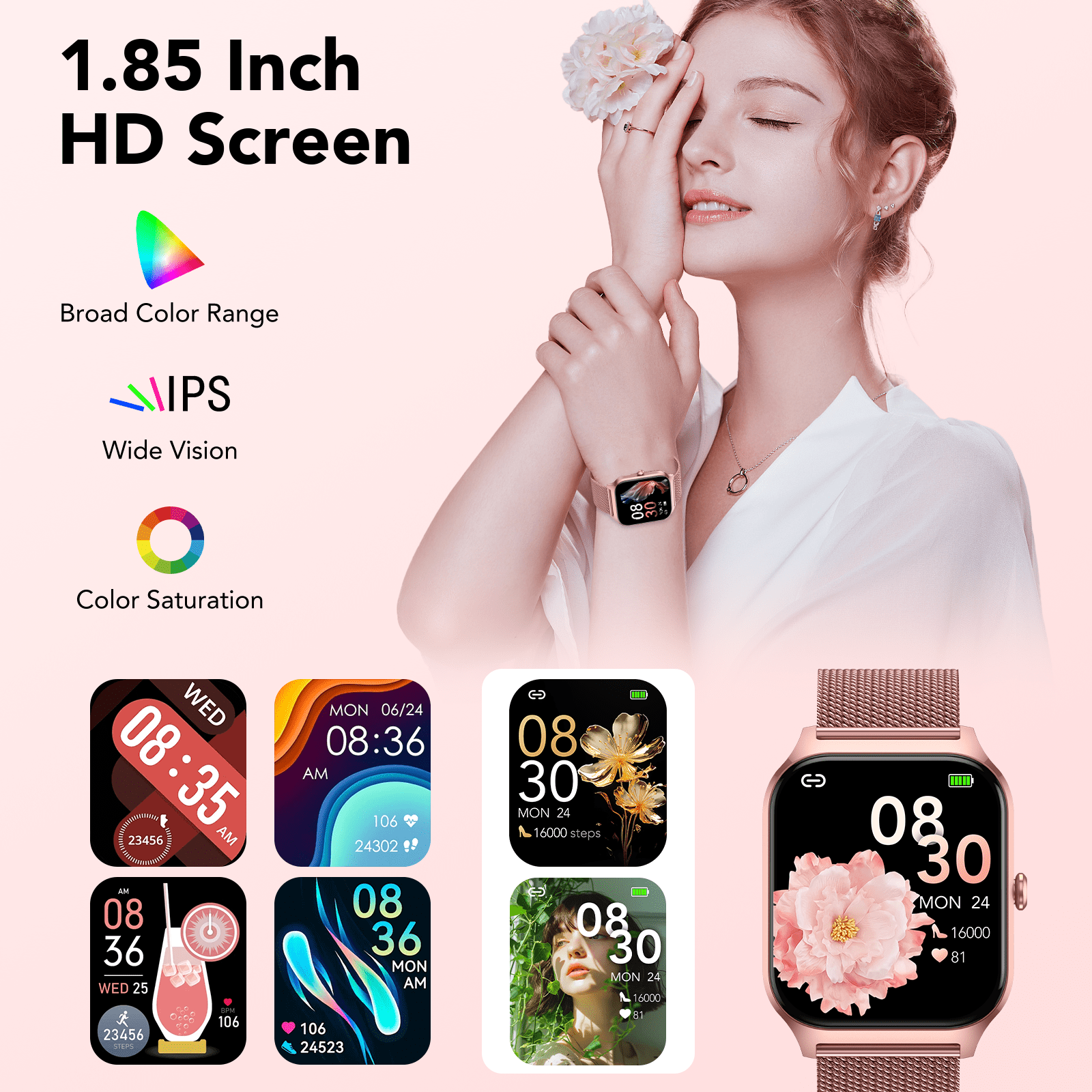 Smart Watch Fits for Android and IPhone, 1.85 inch Fitness Tracker, Men Women's Smartwatch with Answer/Make Calls/120+ Sports Modes/Message Reminder, IP68 Waterproof, for Gift Rose