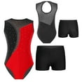 thumbnail image 2 of Aislor Kids Girls Shiny Diamond Sleeveless Gymnastics Leotard Biketard with Shorts Set Workout 6-14 A Red&Black 8, 2 of 7