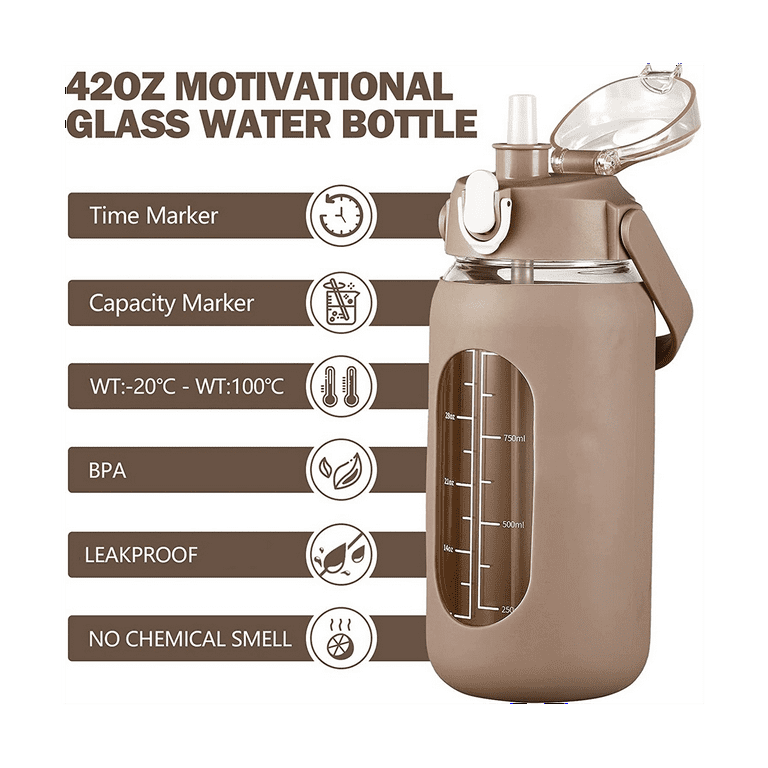 64oz Glass Water Bottles with Straw, Glass Bottle with Silicone Sleeve and Time Marker, for Gym Home Office Brown