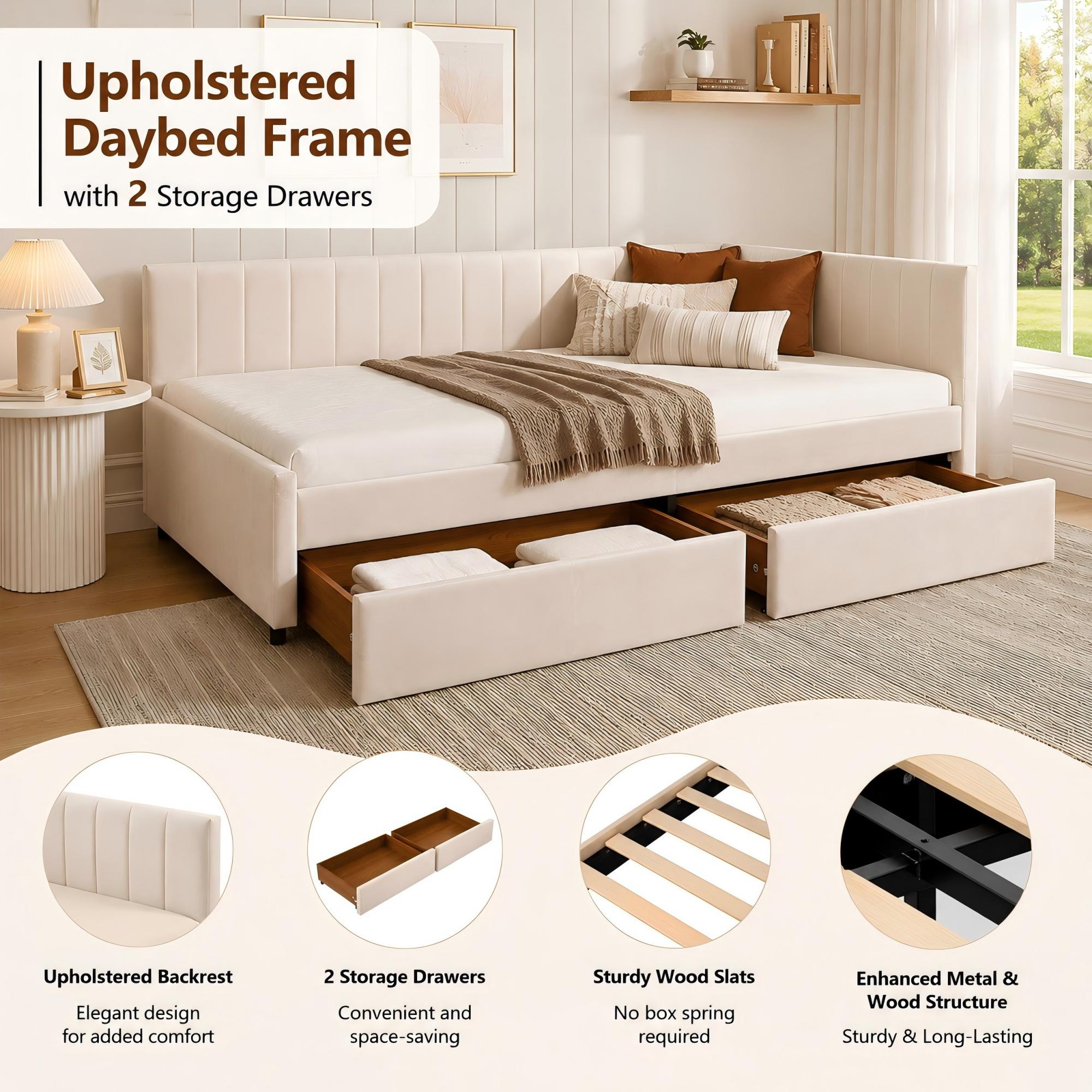 Aukfa Full Size Upholstered Daybed with 2 Storage Drawers, Velvet L-Shaped Channel-Tufted Headboard, Beige