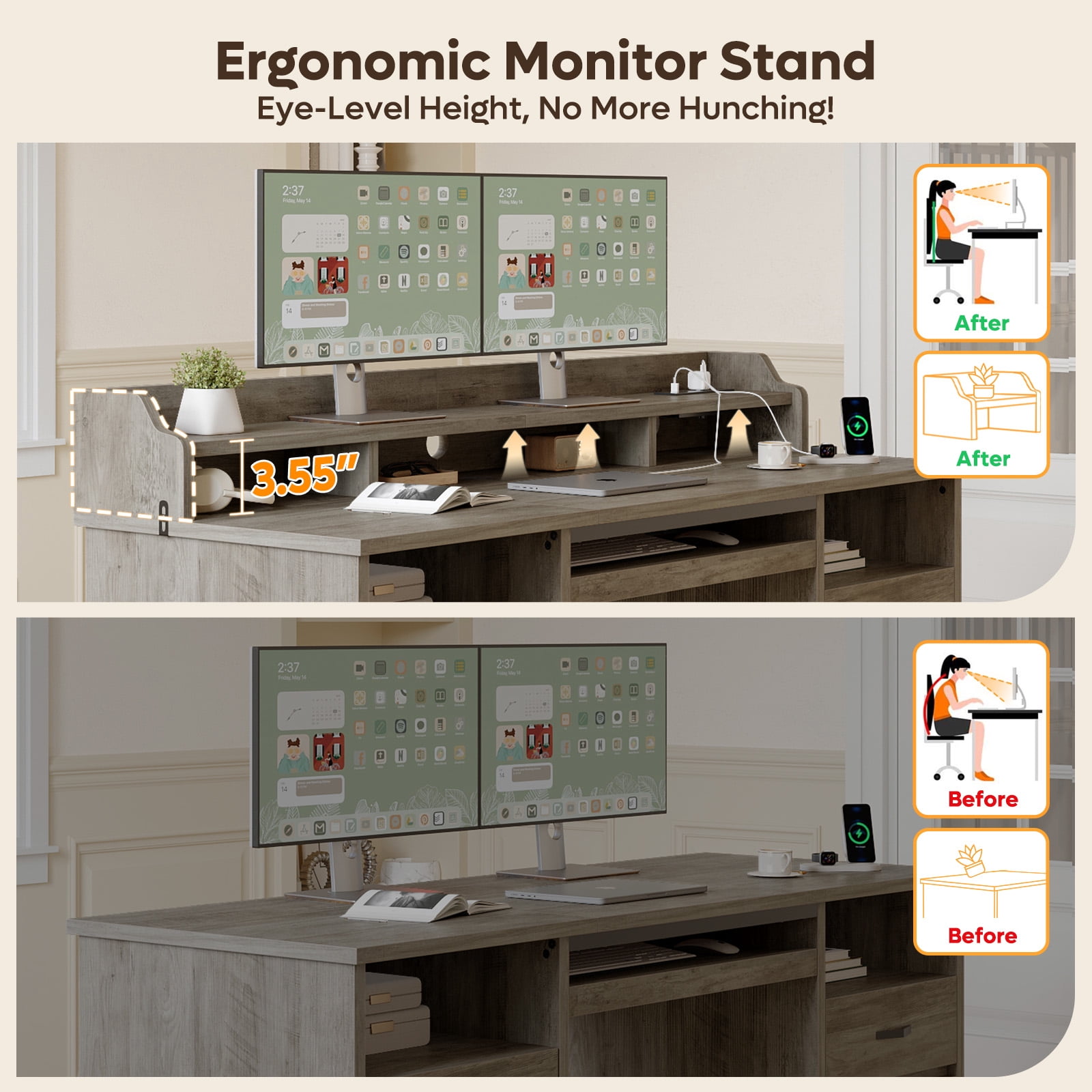 Bestier Farmhouse Executive Desk with Drawers, 59" Wood Computer Desk with Charging Station, Home Office Desk with Keyboard Tray & Monitor Stand，File Cabinet Sturdy Desk for Work Study, Gray