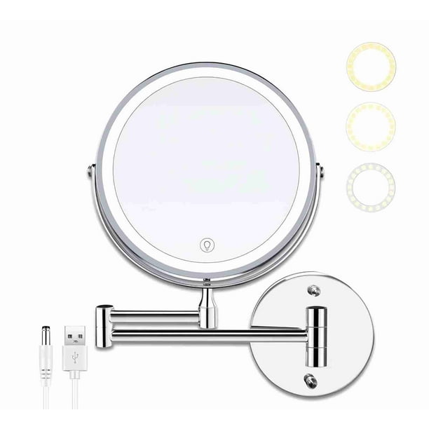 YUOY espejo de maquillaje con luz, espejo de tocador LED con lupa de 10 aumentos, 8 pulgadas recargable, espejo de baño montado en la pared, color electrochapado