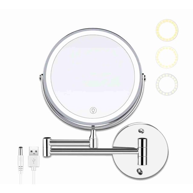YUOY espejo de maquillaje con luz, espejo de tocador LED con lupa de 10 aumentos, 8 pulgadas recargable, espejo de baño montado en la pared, color electrochapado