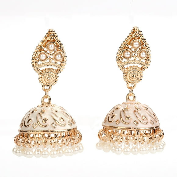 Handcrafted Traditional Wedding Wear Faux Kundan Studded Floral Enamel Jhumka Jhumki Earrings Indian Ethnic Fashion Jewelry for Women Girls