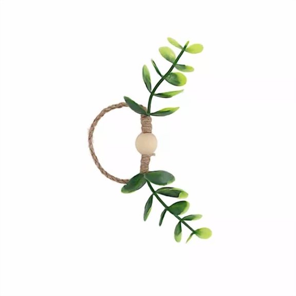 8 Natural Green Jute Napkin Rings Wood Bead Artificial Leaves Party Decorations