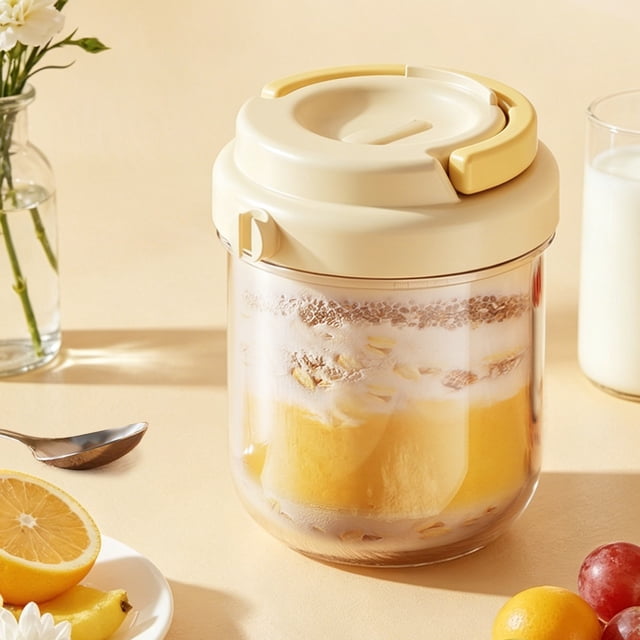 Taza de vidrio para desayuno con soporte para teléfono y cuchara | Taza para avena nocturna con tapa | Vaso portátil para batidos y yogur para el hogar, la oficina y los viajes