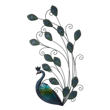 LuxenHome 29.5-Inch H Peacock Metal and Glass Outdoor Wall Decor