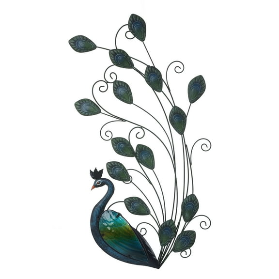 LuxenHome 29.5-Inch H Peacock Metal and Glass Outdoor Wall Decor