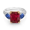 thumbnail image 2 of Gem Stone King 925 Sterling Silver and 10k Yellow Gold Red Created Ruby and Blue Created Sapphire 3 Stone Engagement Ring for Women (5.07 Cttw, Octagon Cut 10X8MM, Size 7), 2 of 4