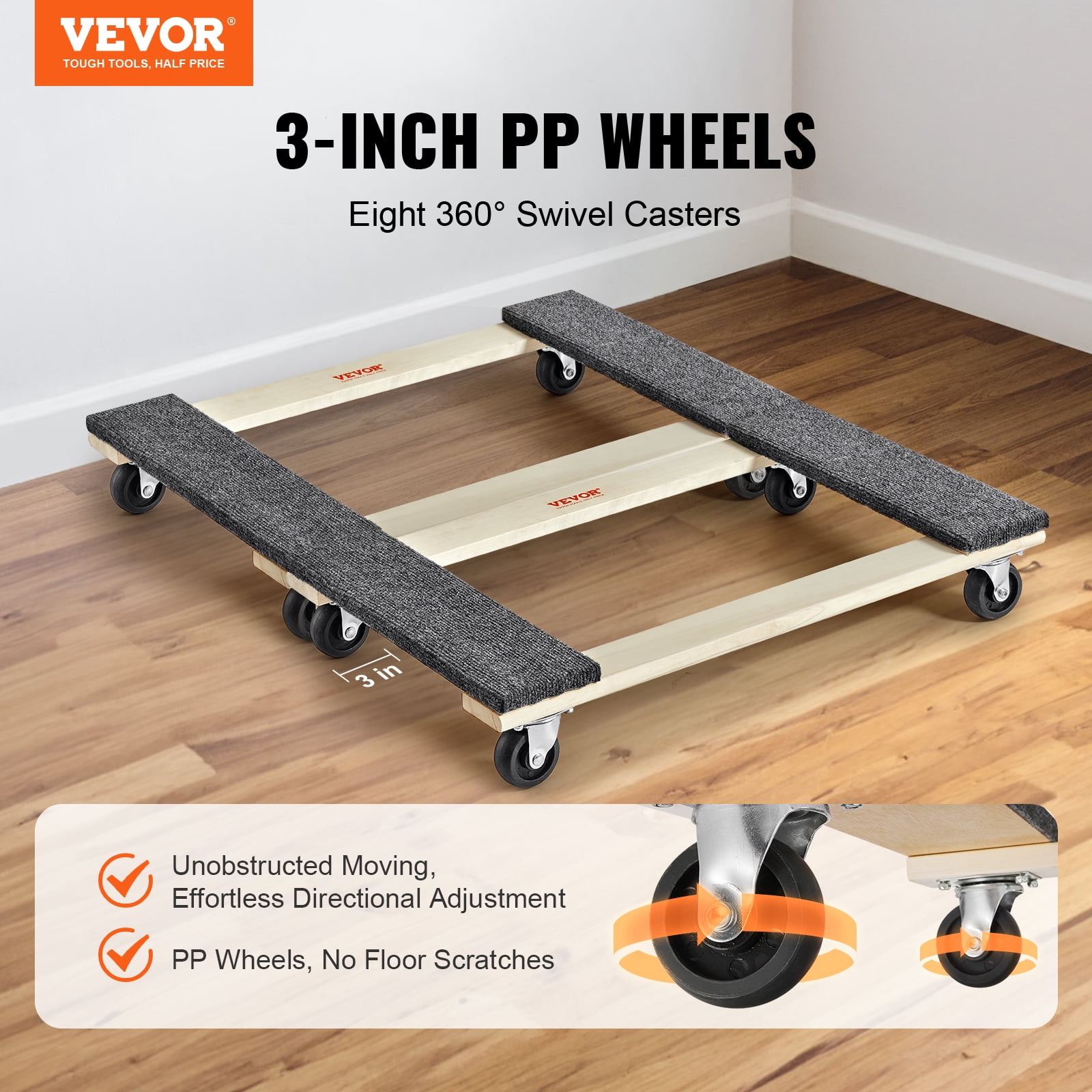 VEVOR Furniture Dolly, 1000 lbs Each Load Capacity,2 Packs, 18" x 30", 8 x 3" PP Swivel Casters,Heavy Duty Hardwood Furniture Moving Dolly,Mover's Dolly, Moving Cart with Wheels for Heavy Furniture