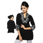 Indian Selections-Black crepe kurti with contrast colored embroidery work.-Large