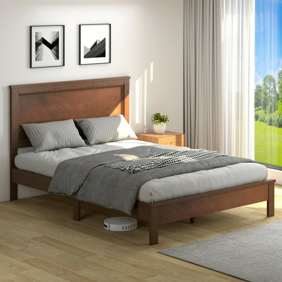 Gymax Cadre de Lit Format Grand Plateforme à Lattes Tête de Lit Haute Chambre Pieds en Bois de Caoutchouc Noyer