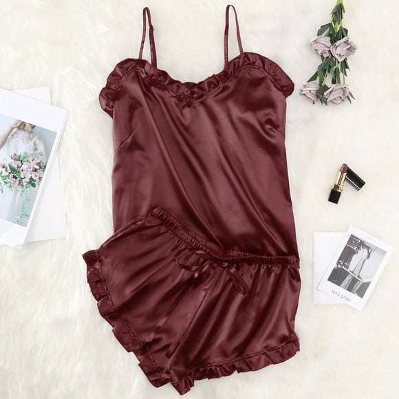 Zjloe7sa Ensemble de Lingerie pour Femmes Femmes Couleur Unie Lingerie Passion Nuisette Babydoll Tenue de Nuit Ensemble 2 Pcs Bordeaux