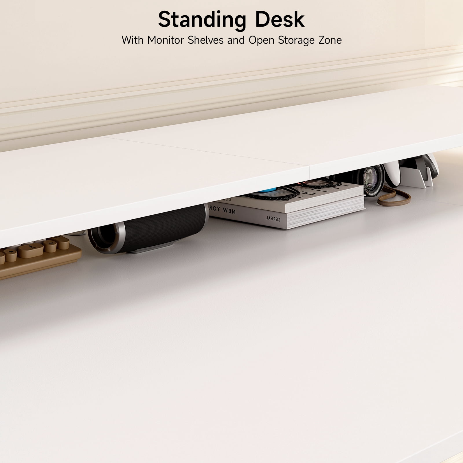 63x43 Inches L Shaped Standing Desk, Electric Stand Up Desk with 2 Adjustable Monitor Shelves, White