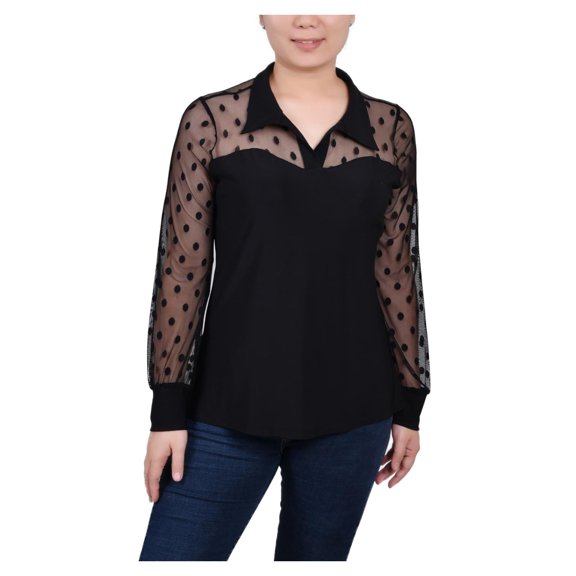 NY Collection Womens Petites Mesh Sleeves Collared Blouse