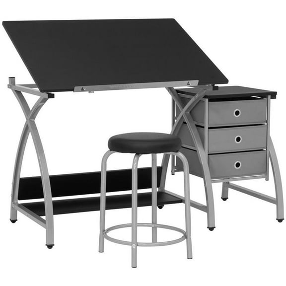 Pemberly Row Contemporary Drawing Table with Stool in Silver and Black